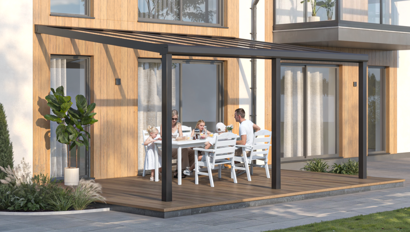 Terrassenüberdachung mit Glas VSG in 5 Meter Breite